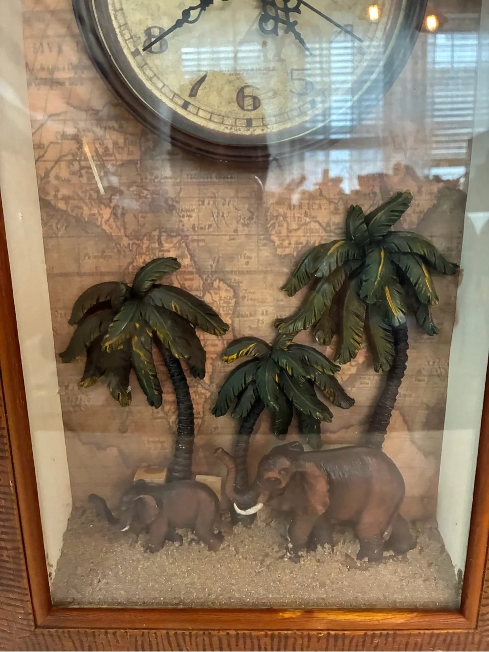 Vtg African Safari 3D Shadow Box Wall Clock Elephant Family Map WORKS 18.25x11”